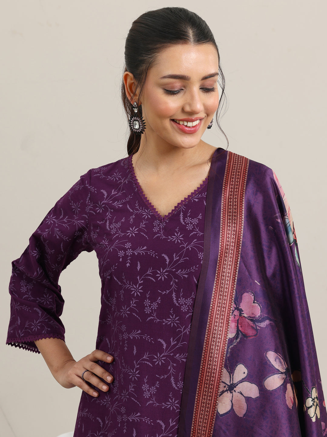 Purple Printed Silk Blend A-Line Kurta With Trousers & Dupatta