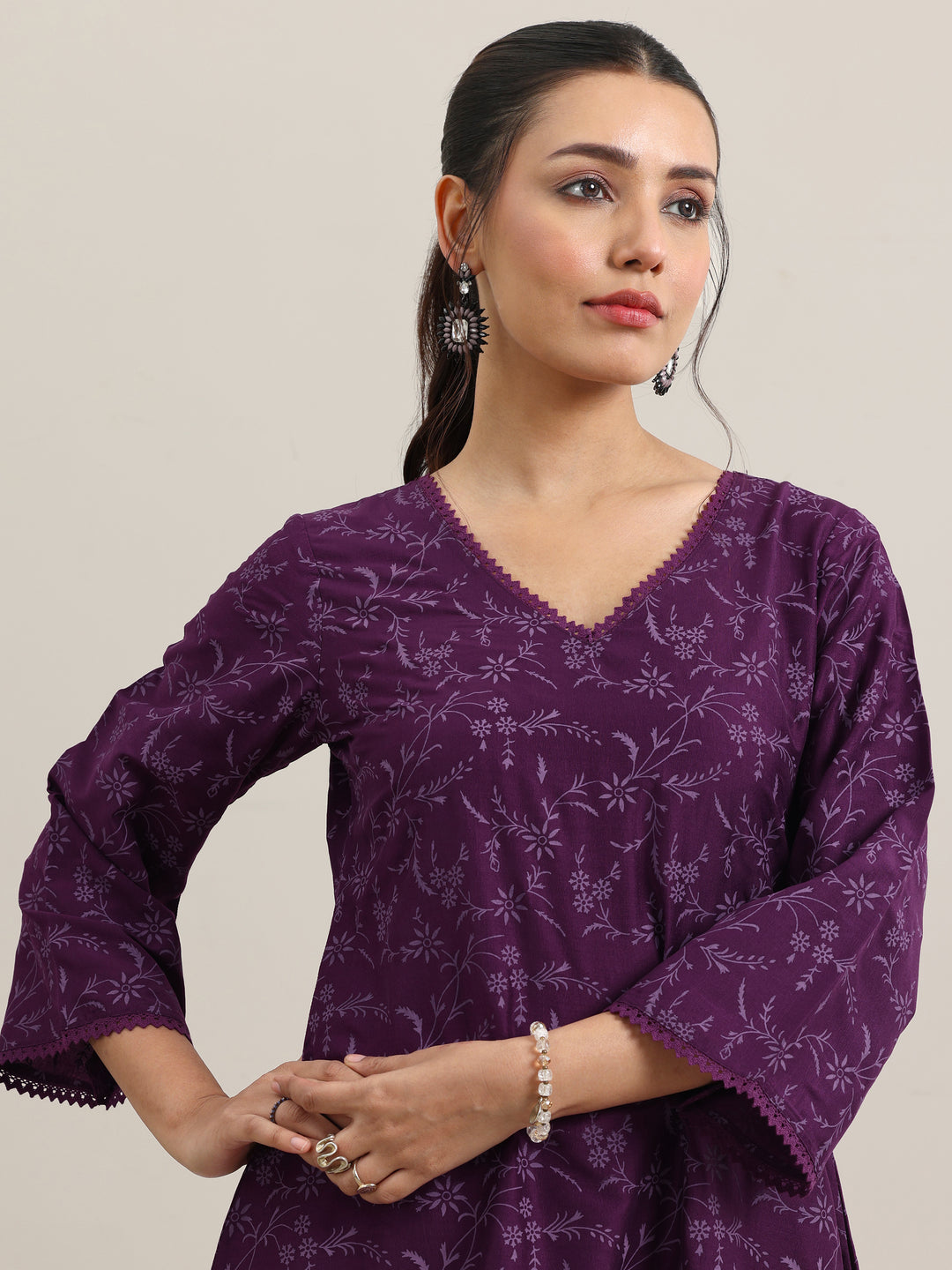 Purple Printed Silk Blend A-Line Kurta With Trousers & Dupatta