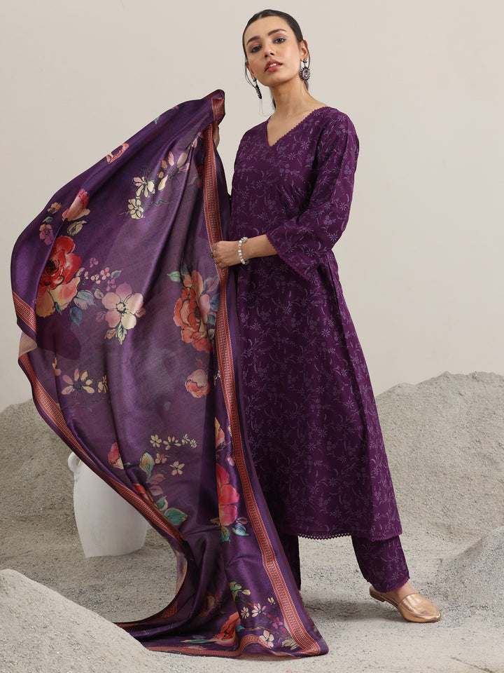 Purple Printed Silk Blend A-Line Kurta With Trousers & Dupatta