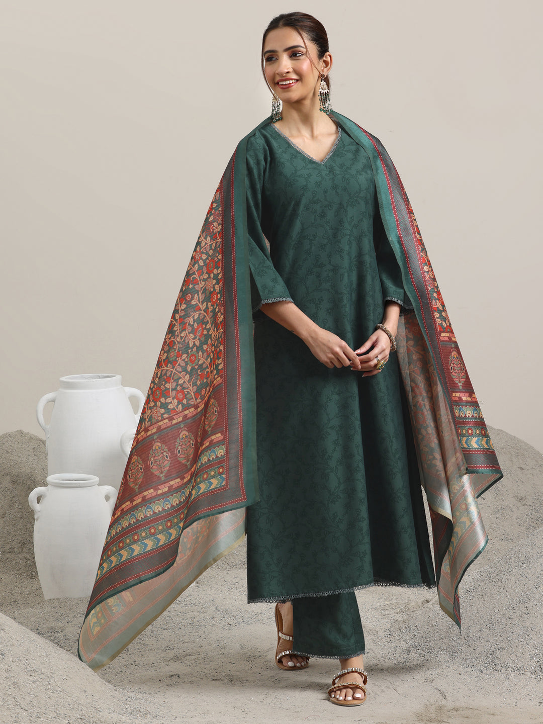 Green Printed Silk Blend A-Line Kurta With Trousers & Dupatta