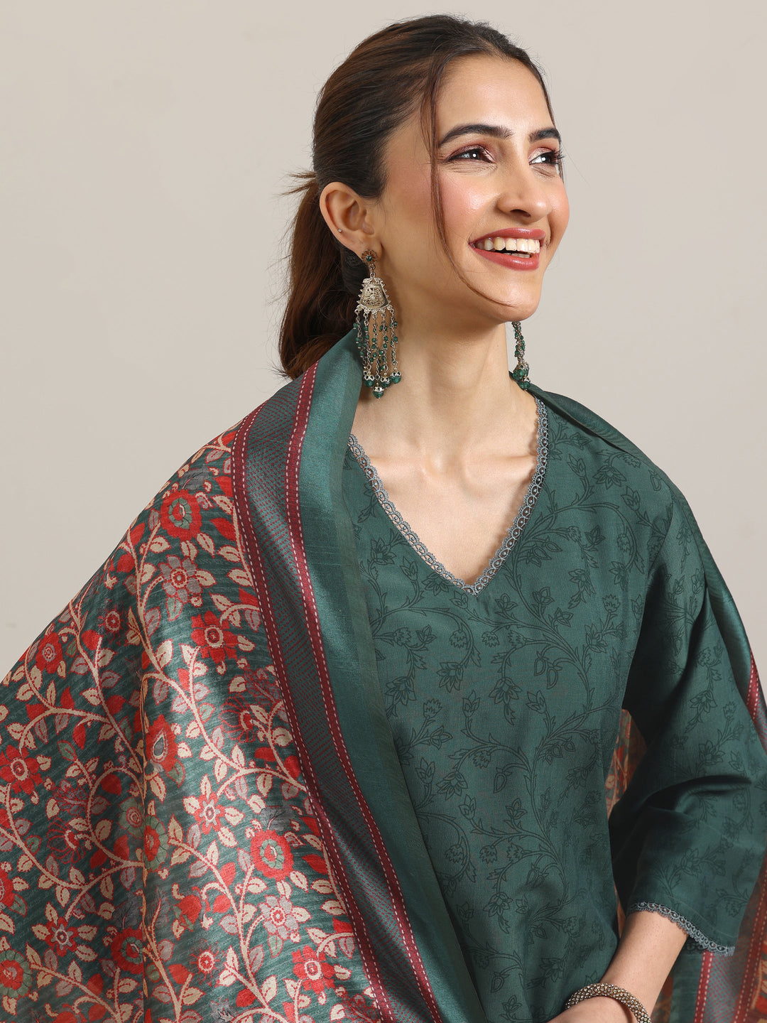 Green Printed Silk Blend A-Line Kurta With Trousers & Dupatta