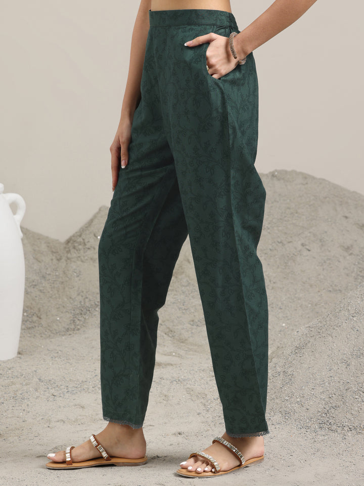 Green Printed Silk Blend A-Line Kurta With Trousers & Dupatta