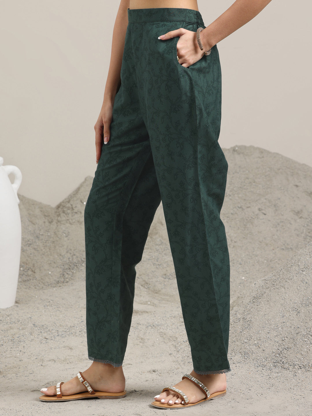 Green Printed Silk Blend A-Line Kurta With Trousers & Dupatta