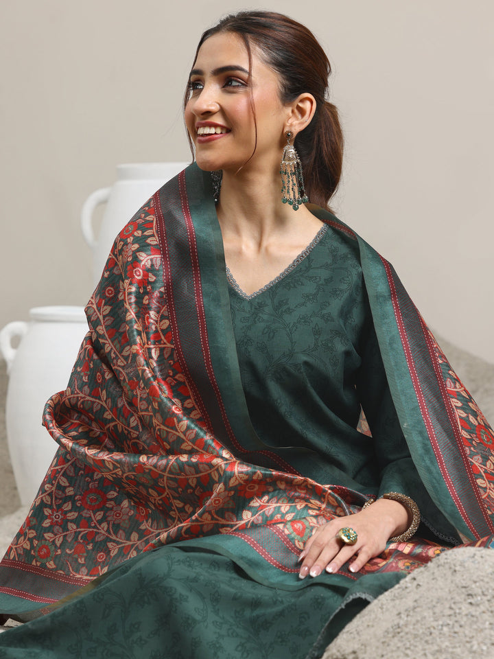 Green Printed Silk Blend A-Line Kurta With Trousers & Dupatta