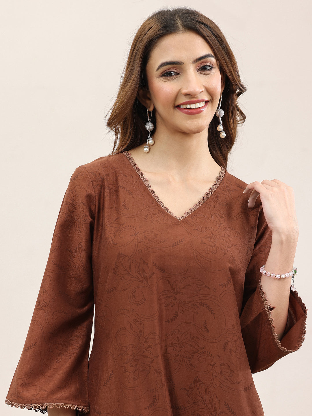 Brown Printed Silk Blend A-Line Kurta With Trousers & Dupatta