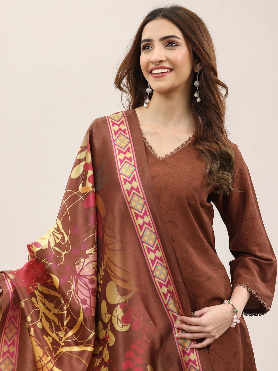 Brown Printed Silk Blend A-Line Kurta With Trousers & Dupatta