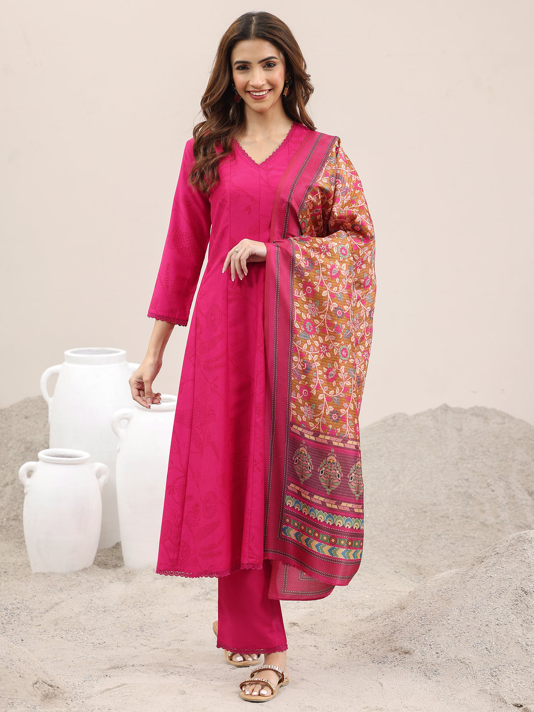Pink Printed Silk Blend A-Line Kurta With Trousers & Dupatta