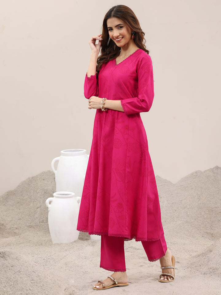 Pink Printed Silk Blend A-Line Kurta With Trousers & Dupatta