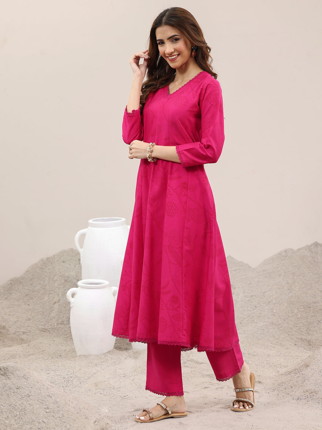 Pink Printed Silk Blend A-Line Kurta With Trousers & Dupatta