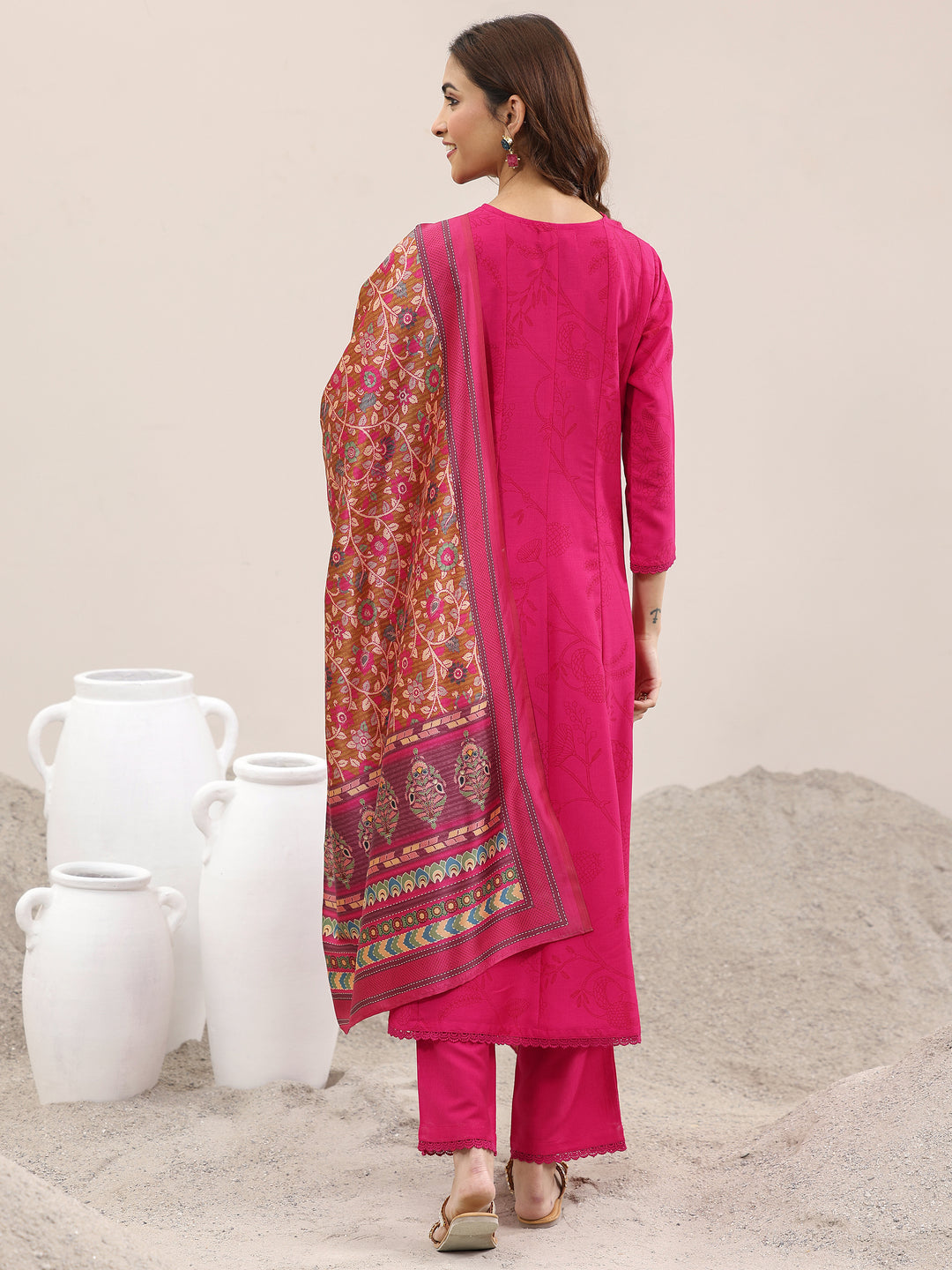 Pink Printed Silk Blend A-Line Kurta With Trousers & Dupatta