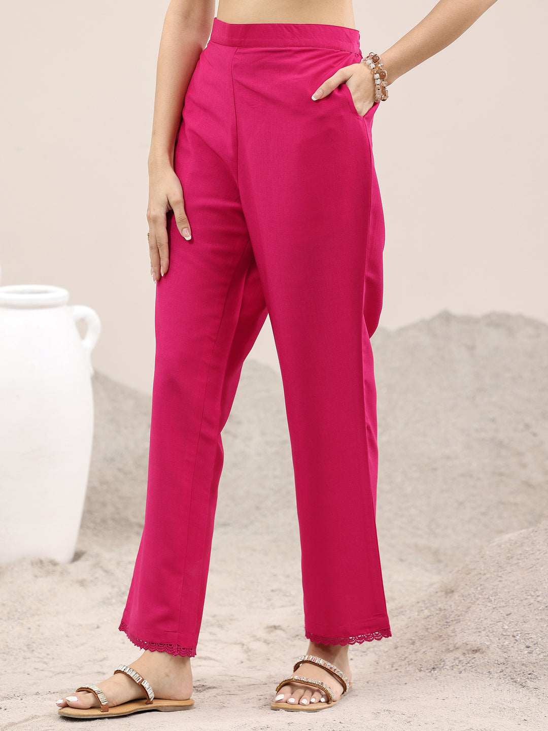 Pink Printed Silk Blend A-Line Kurta With Trousers & Dupatta