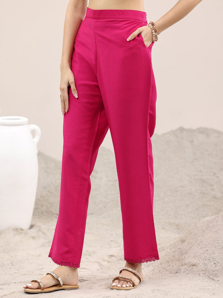 Pink Printed Silk Blend A-Line Kurta With Trousers & Dupatta