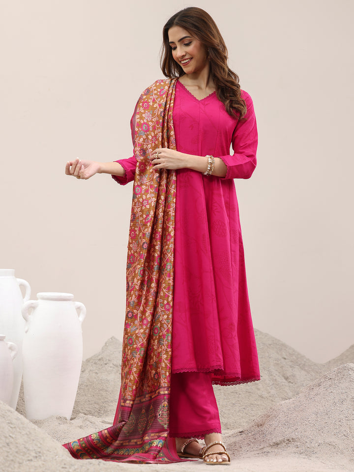 Pink Printed Silk Blend A-Line Kurta With Trousers & Dupatta