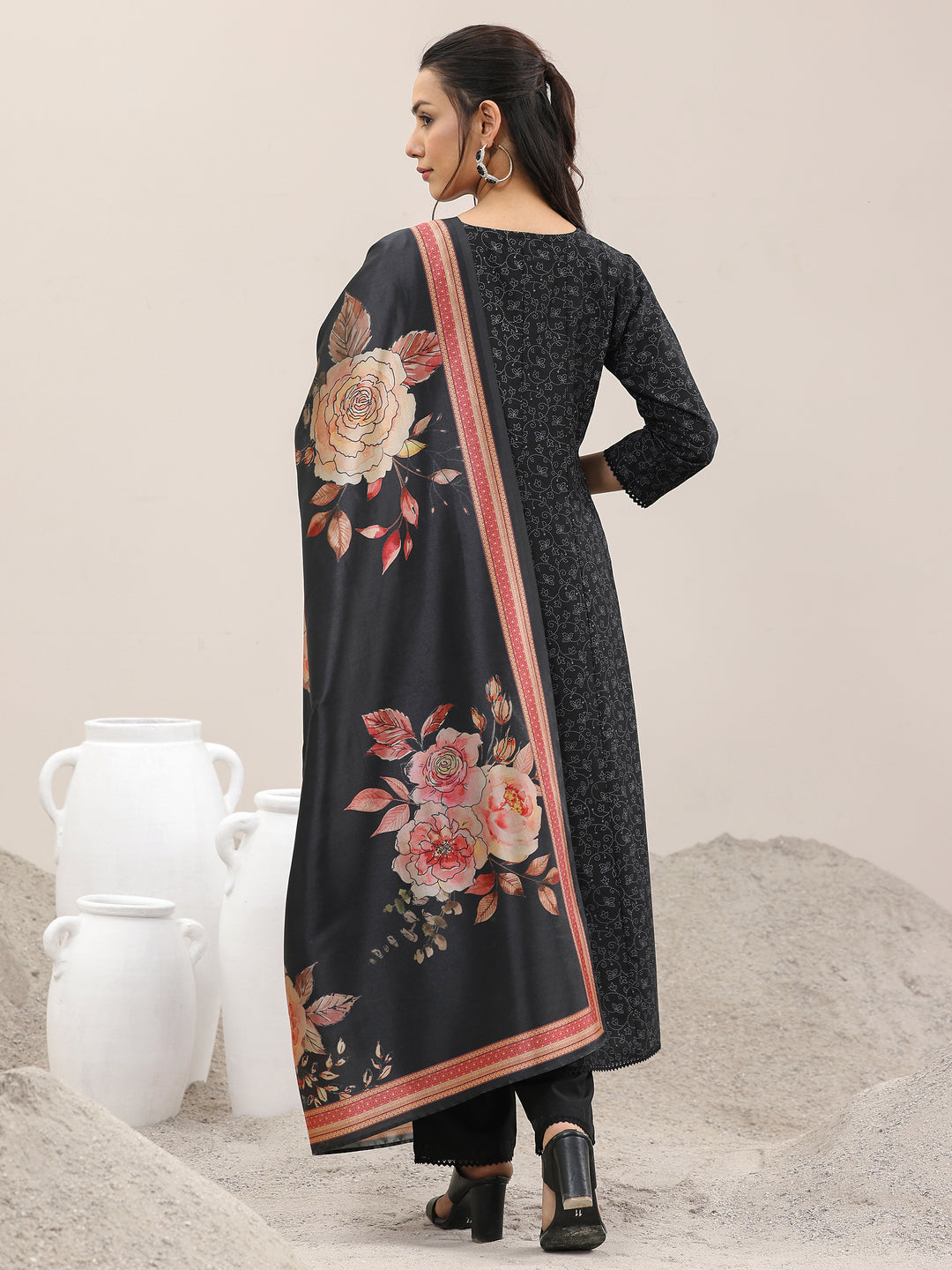 Black Printed Silk Blend A-Line Kurta With Trousers & Dupatta