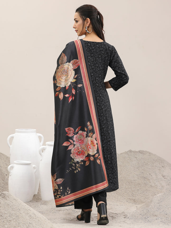 Black Printed Silk Blend A-Line Kurta With Trousers & Dupatta