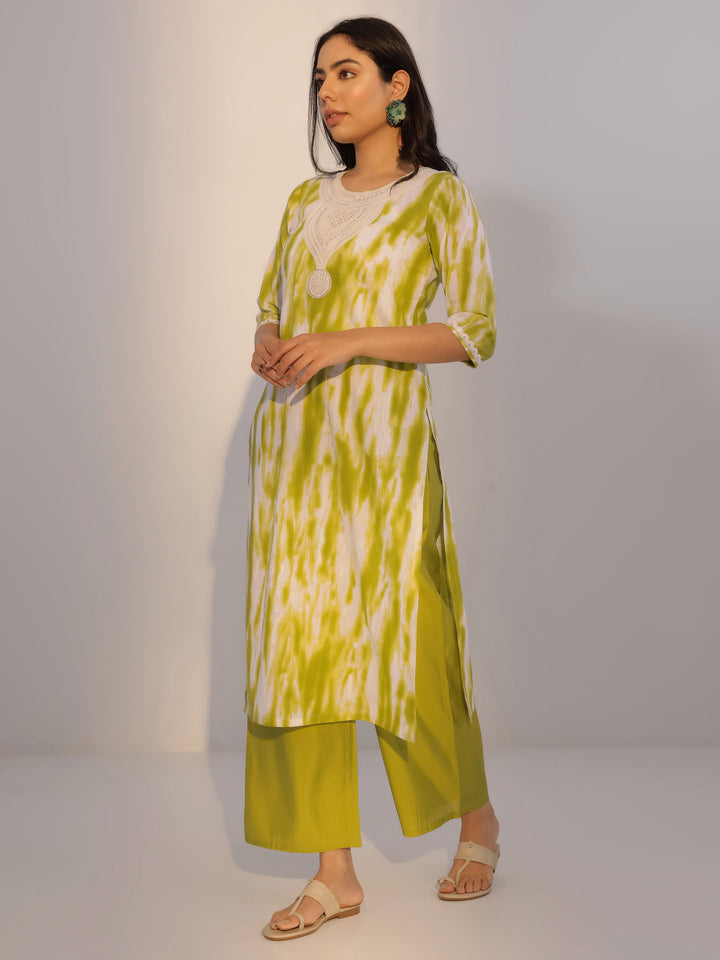 Green Printed Cotton Straight Kurta Set