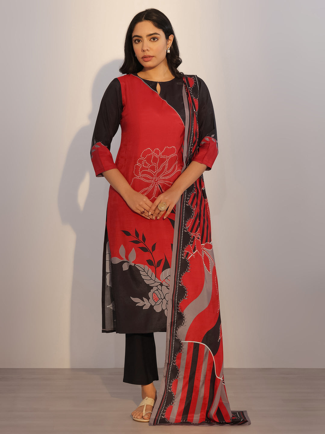 Red Printed Silk Blend Straight Suit With Dupatta