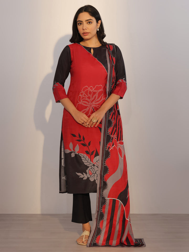 Red Printed Silk Blend Straight Suit With Dupatta