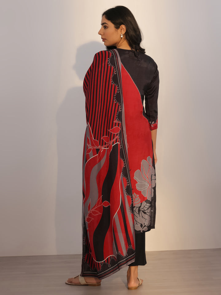 Red Printed Silk Blend Straight Suit With Dupatta