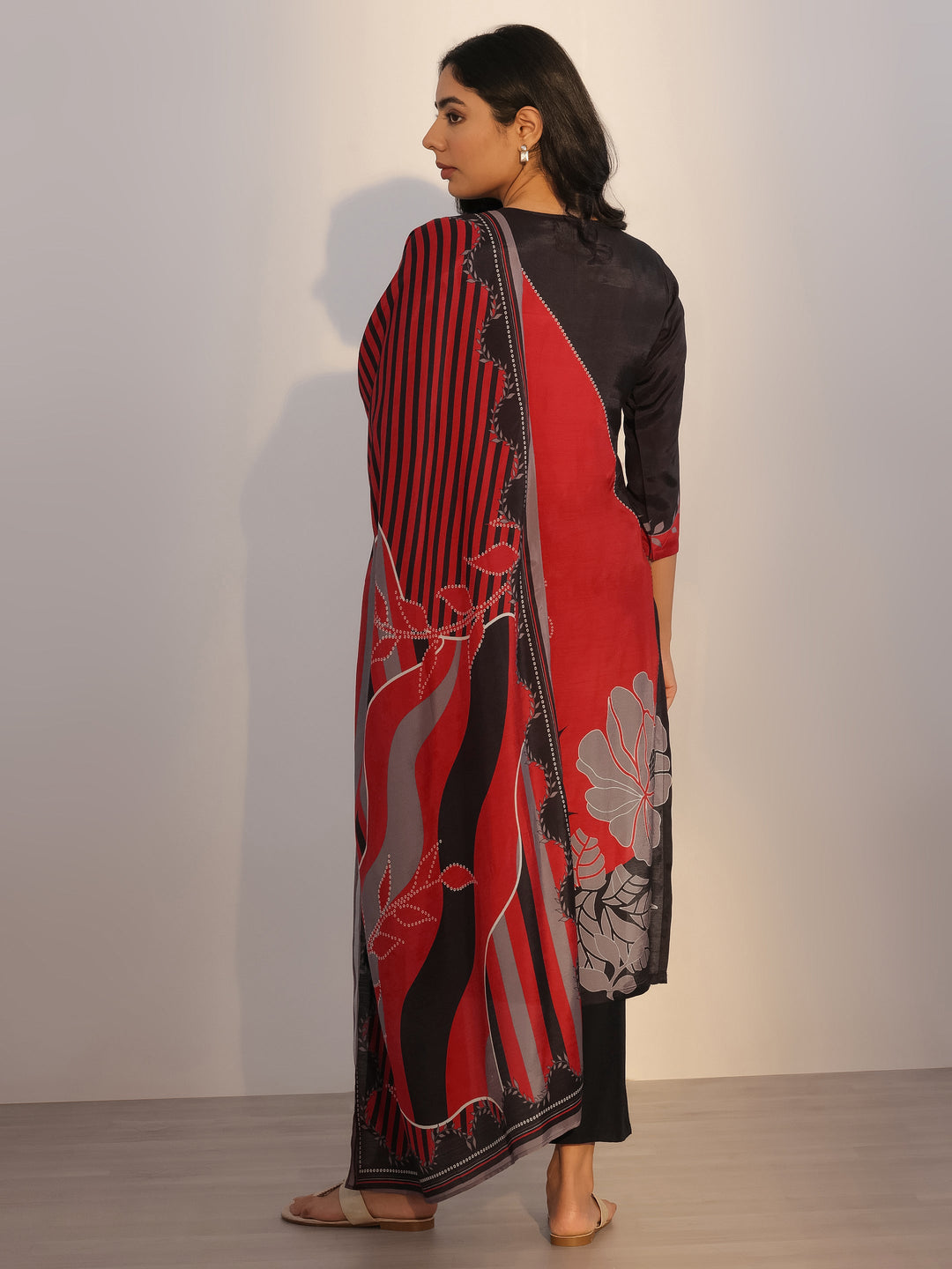 Red Printed Silk Blend Straight Suit With Dupatta