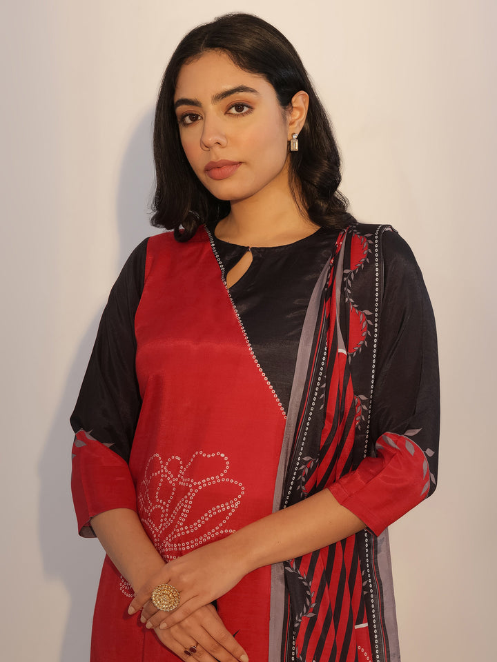 Red Printed Silk Blend Straight Suit With Dupatta