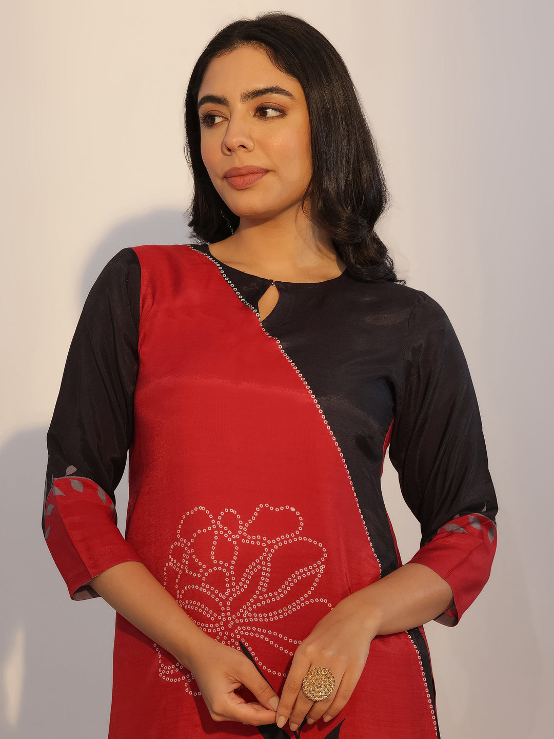 Red Printed Silk Blend Straight Suit With Dupatta