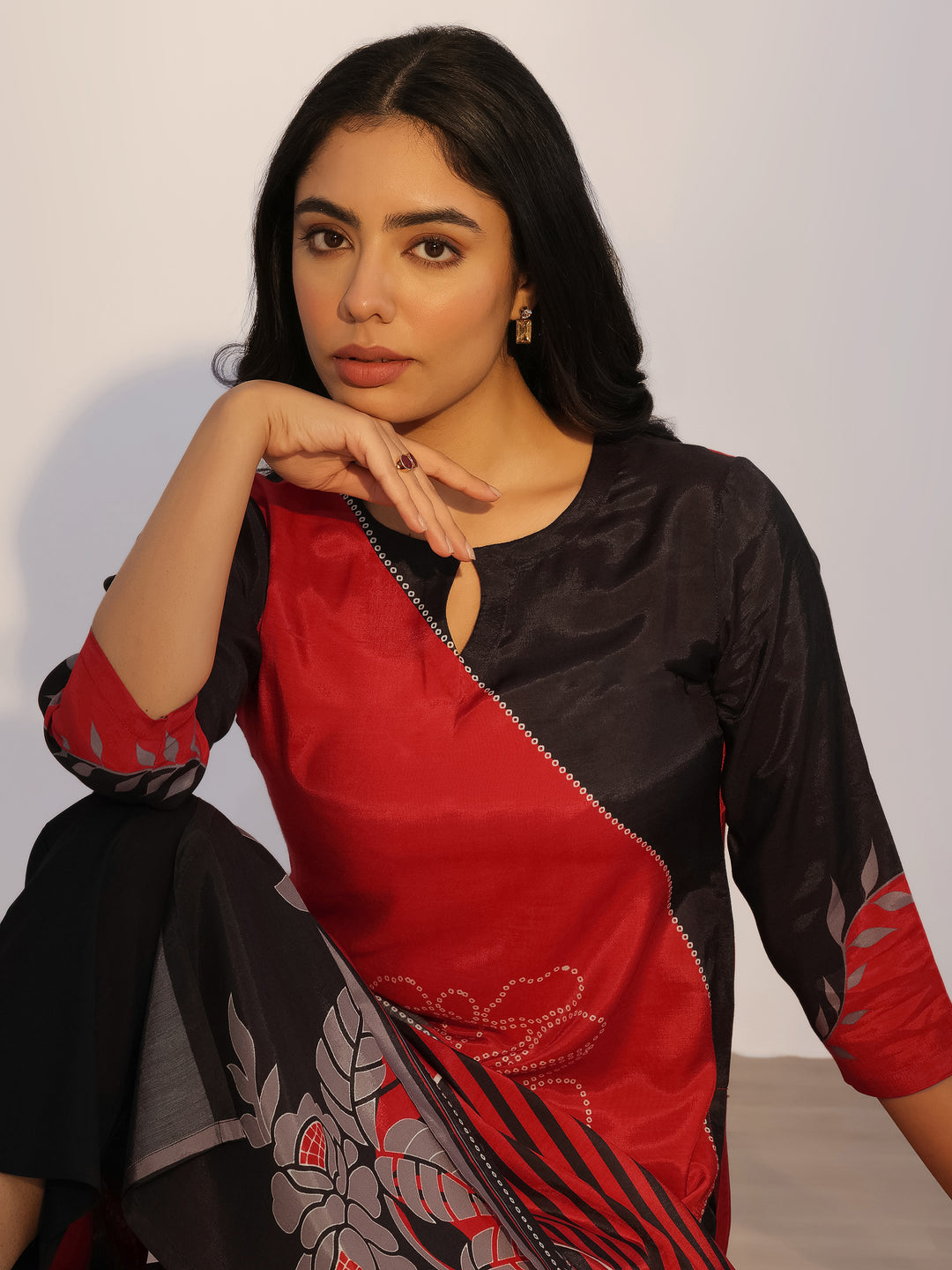 Red Printed Silk Blend Straight Suit With Dupatta