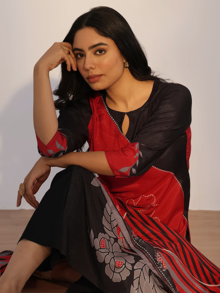 Red Printed Silk Blend Straight Suit With Dupatta