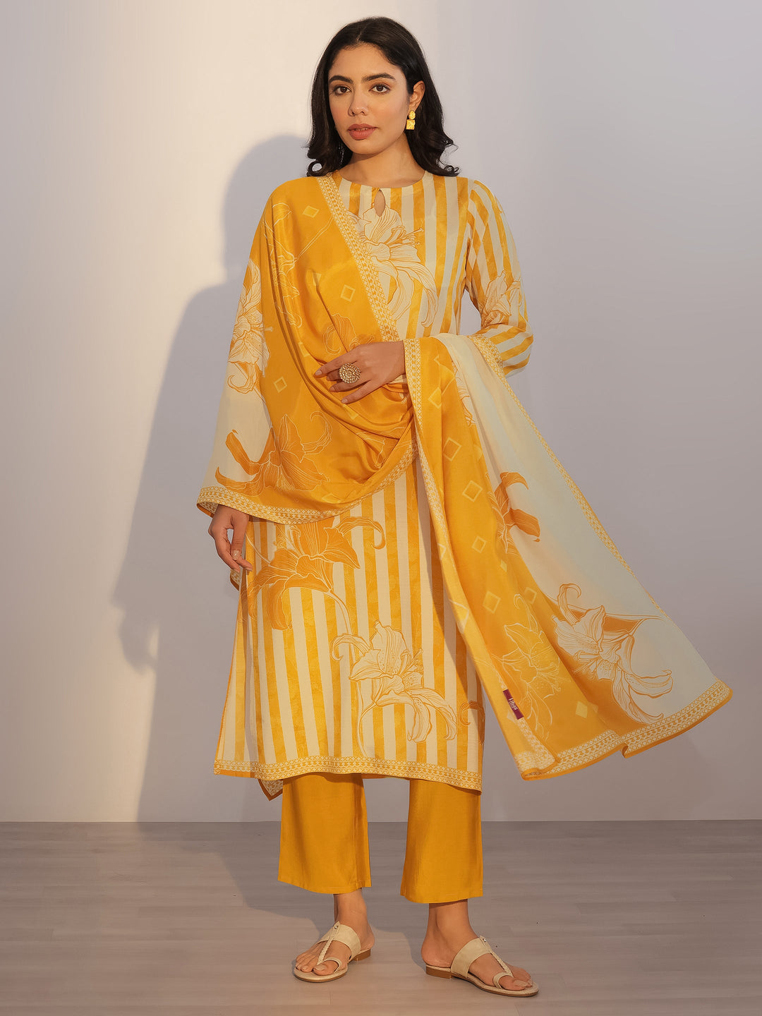 Mustard Printed Silk Blend Straight Suit With Dupatta