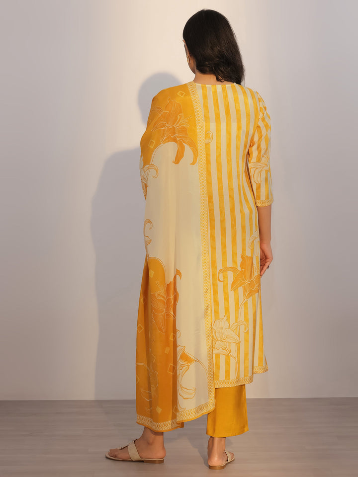 Mustard Printed Silk Blend Straight Suit With Dupatta