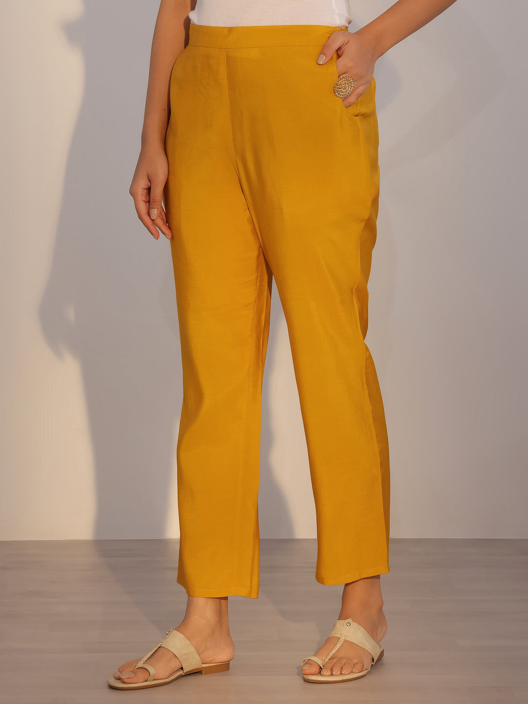 Mustard Printed Silk Blend Straight Suit With Dupatta