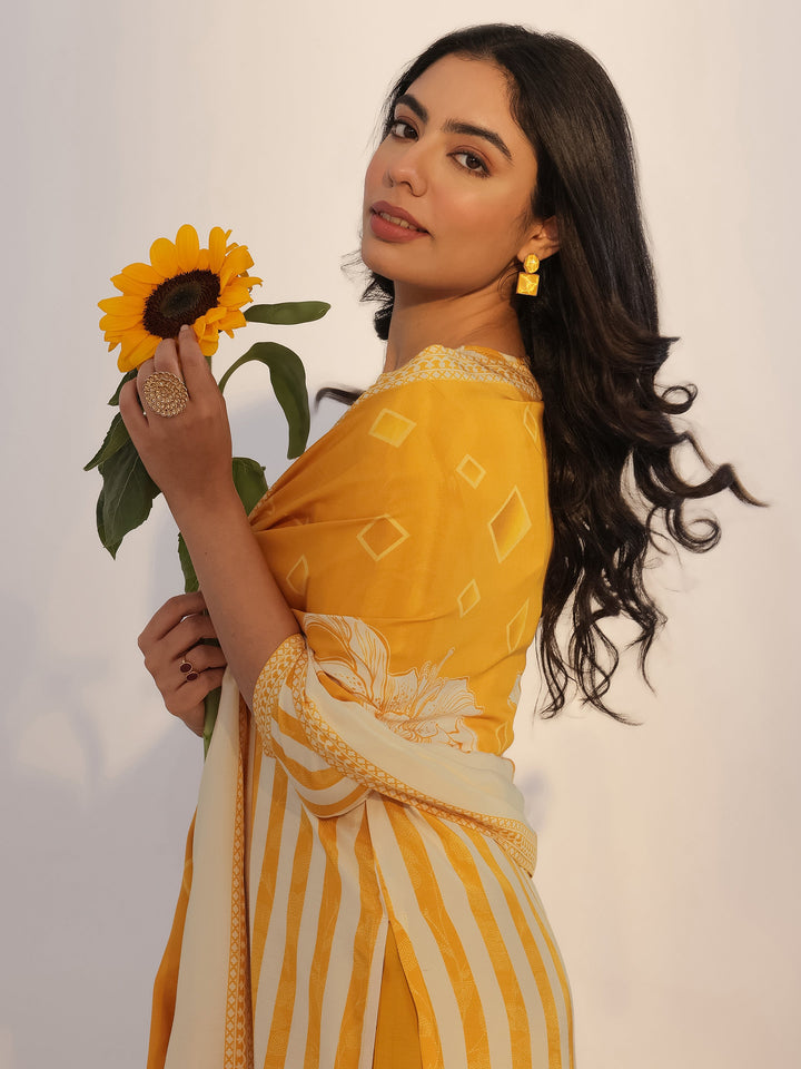 Mustard Printed Silk Blend Straight Suit With Dupatta