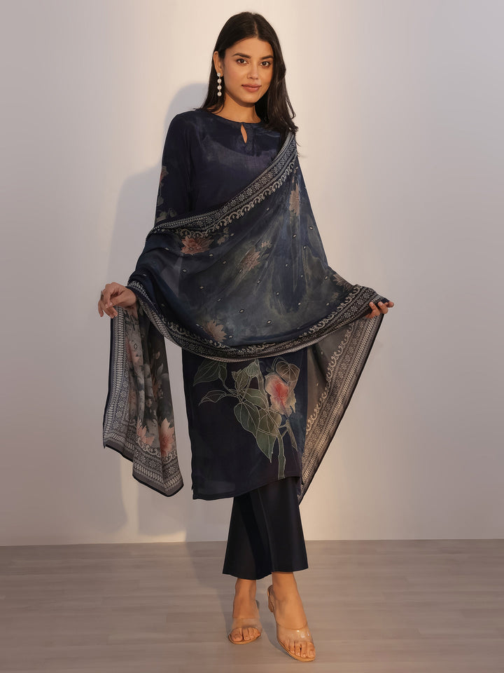 Blue Printed Silk Blend Straight Suit With Dupatta