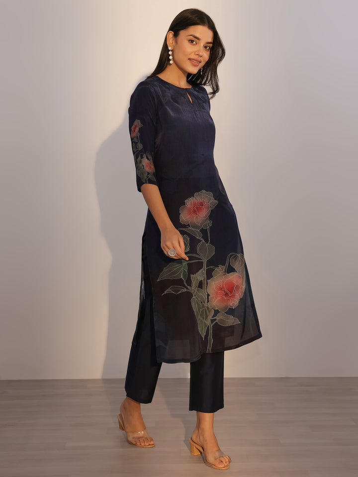 Blue Printed Silk Blend Straight Suit With Dupatta