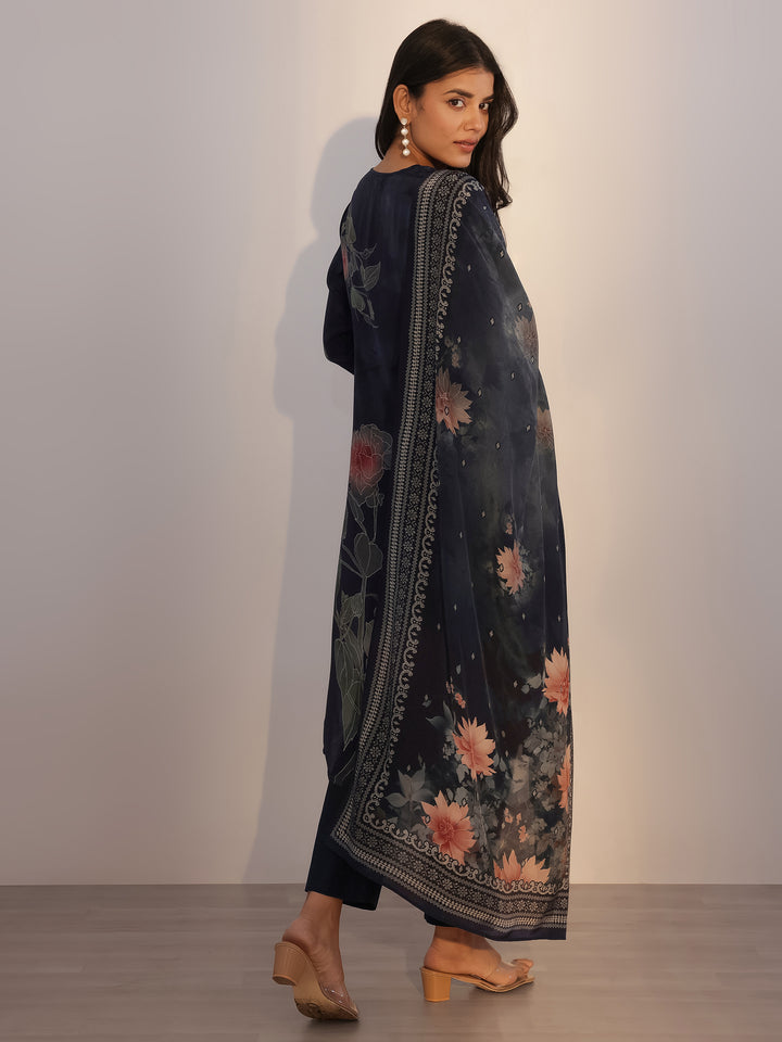 Blue Printed Silk Blend Straight Suit With Dupatta