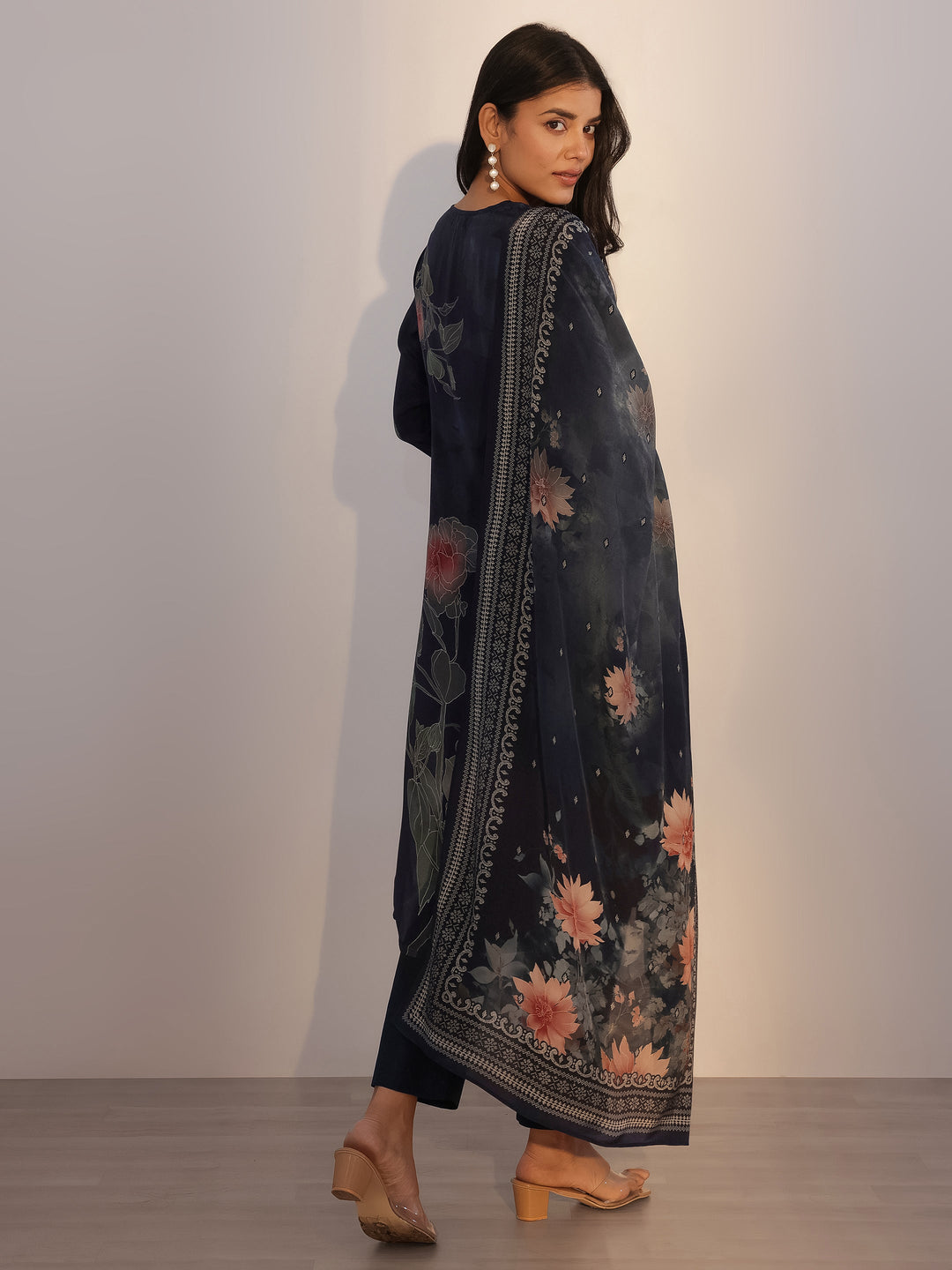 Blue Printed Silk Blend Straight Suit With Dupatta