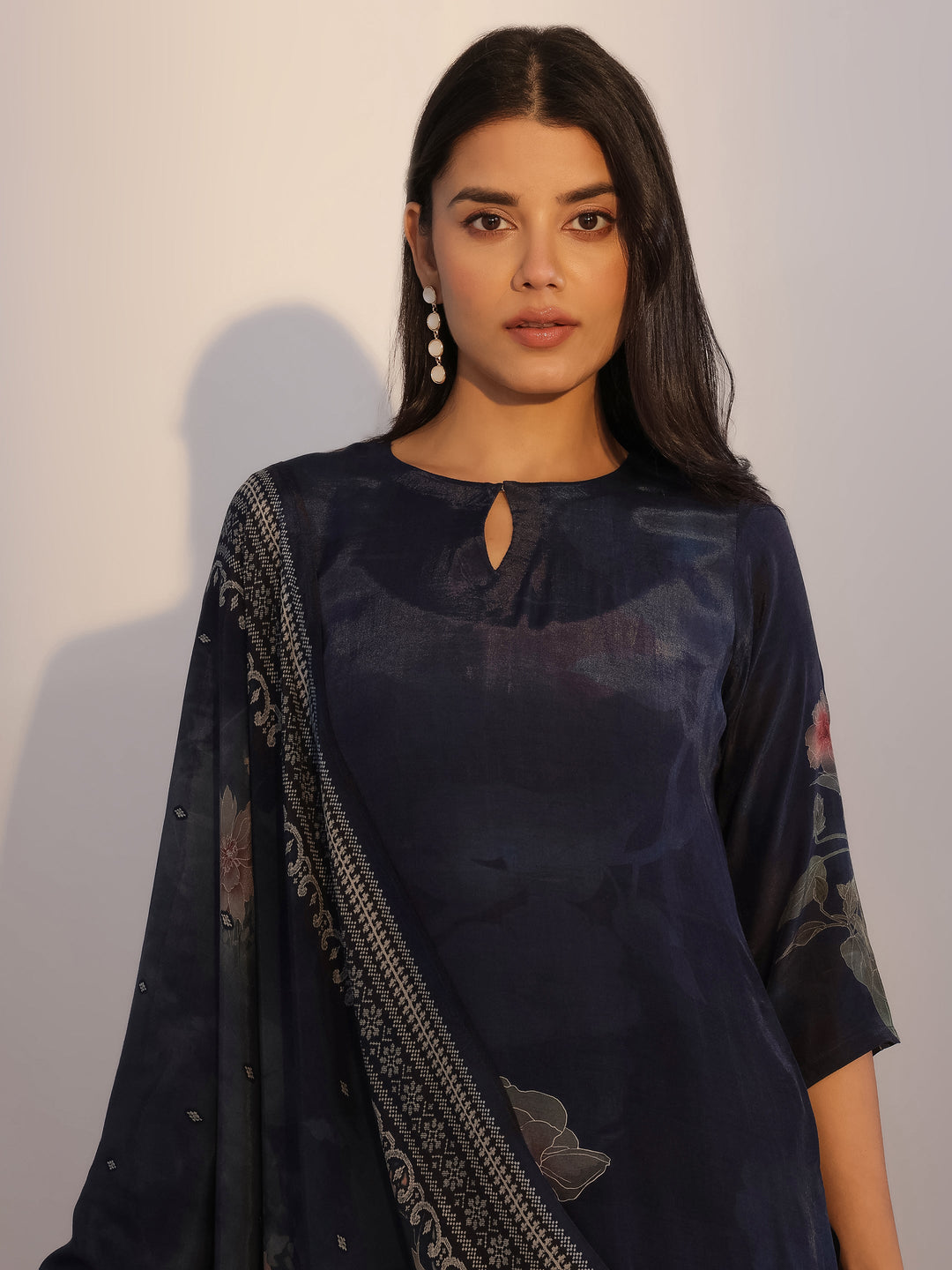 Blue Printed Silk Blend Straight Suit With Dupatta