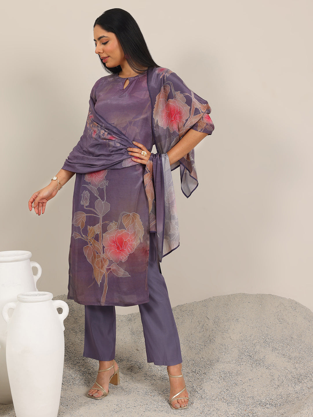 Mauve Printed Silk Blend Straight Suit Set With Dupatta