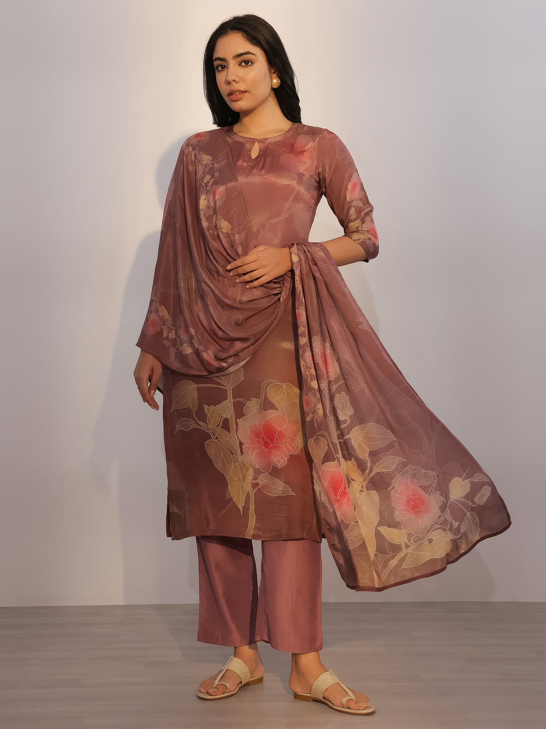 Brown Printed Silk Blend Straight Suit With Dupatta