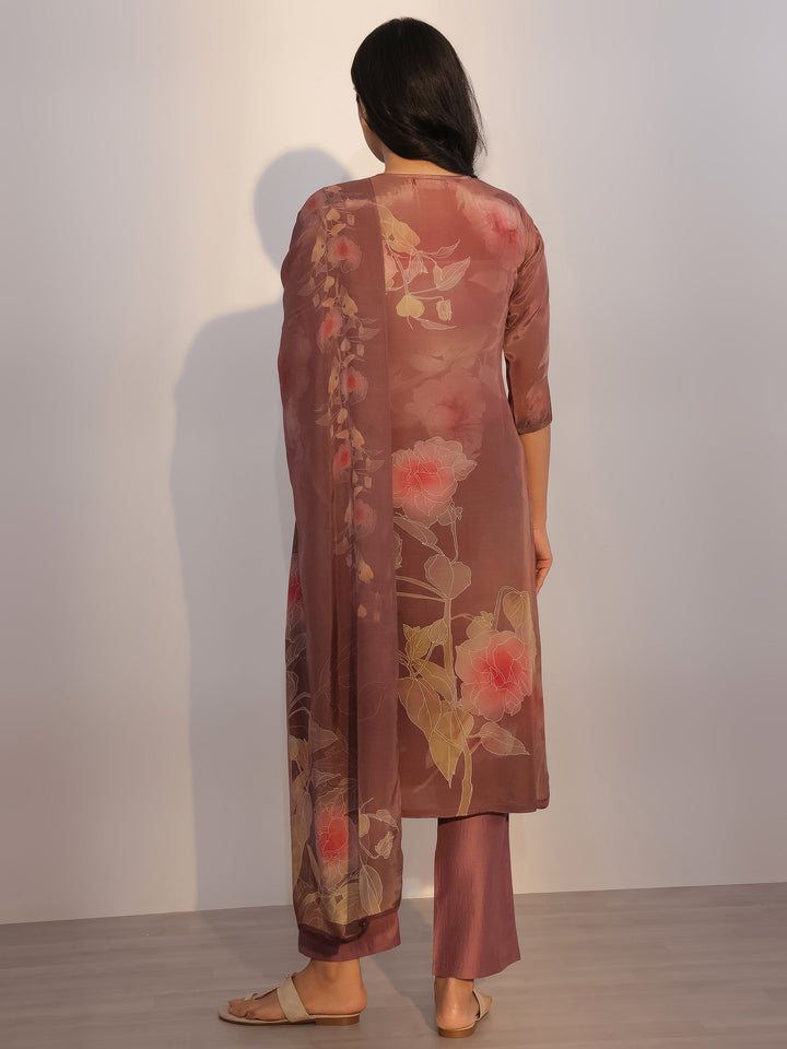 Brown Printed Silk Blend Straight Suit With Dupatta