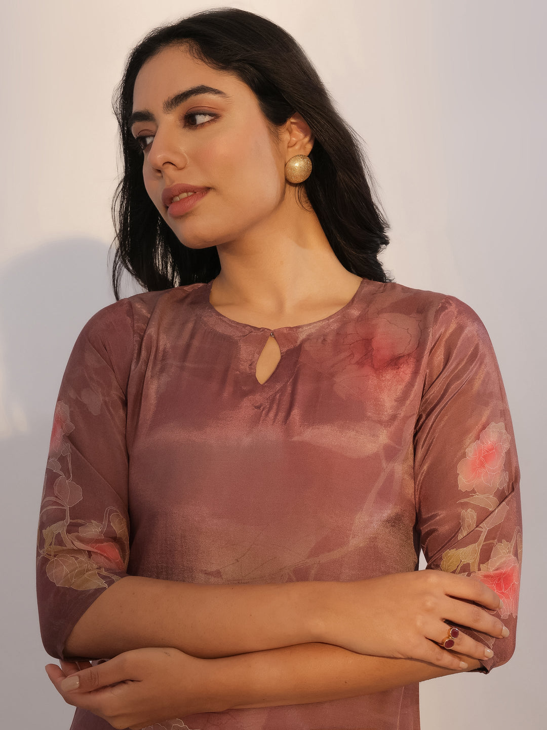 Brown Printed Silk Blend Straight Suit With Dupatta