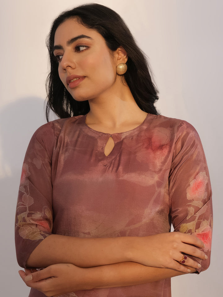 Brown Printed Silk Blend Straight Suit With Dupatta