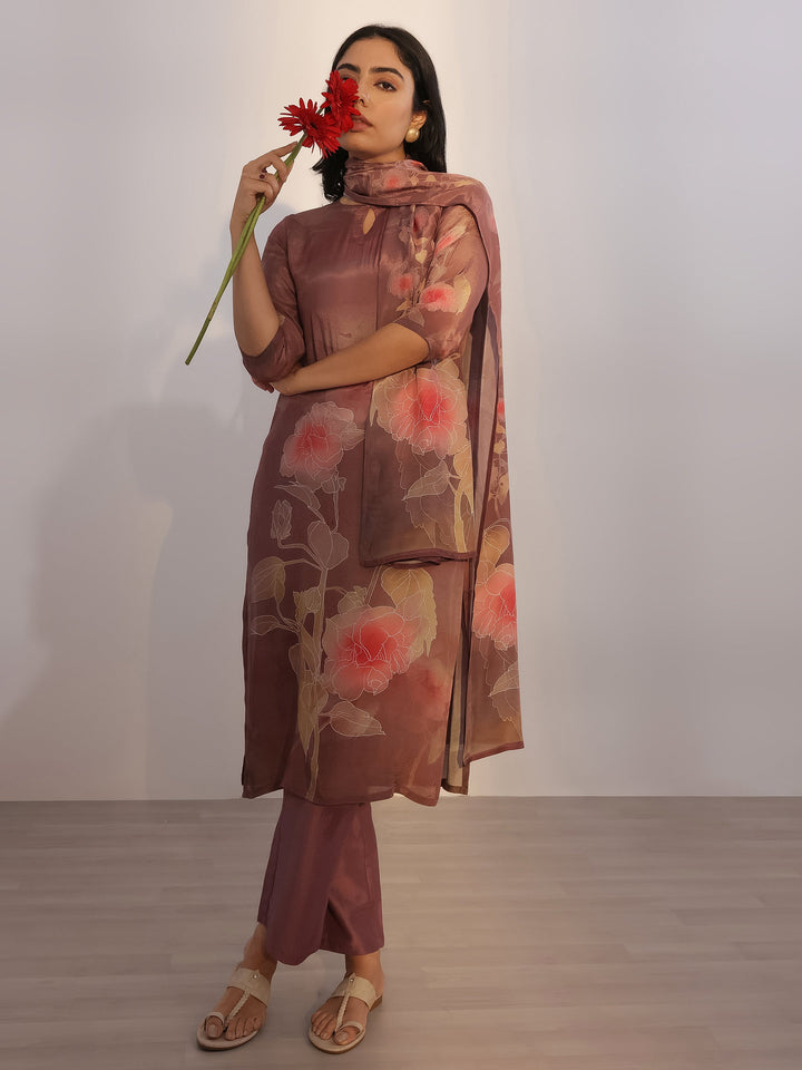 Brown Printed Silk Blend Straight Suit With Dupatta
