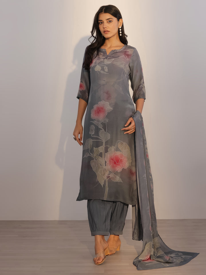 Grey Printed Silk Blend Straight Suit With Dupatta