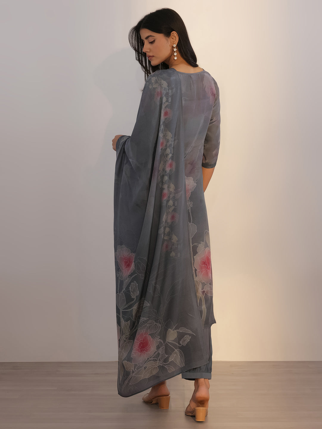 Grey Printed Silk Blend Straight Suit With Dupatta