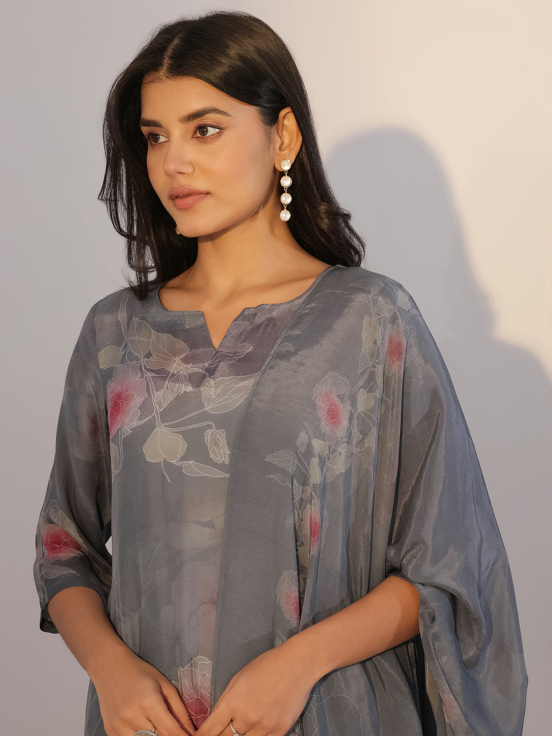 Grey Printed Silk Blend Straight Suit With Dupatta