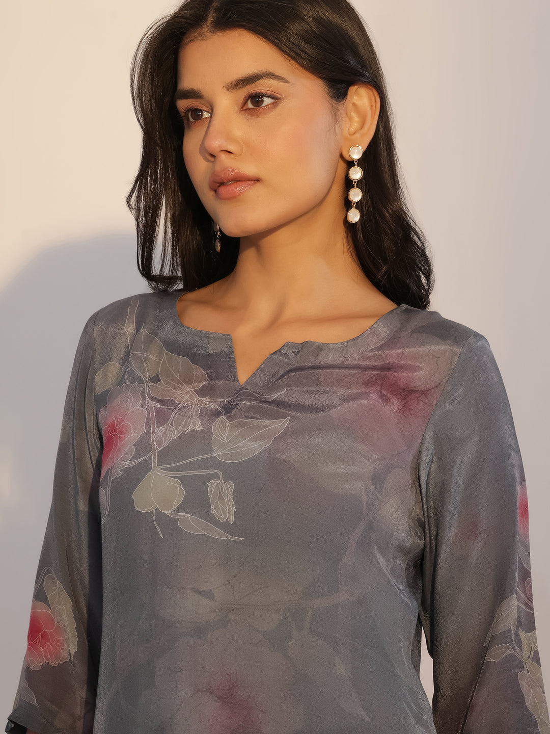 Grey Printed Silk Blend Straight Suit With Dupatta