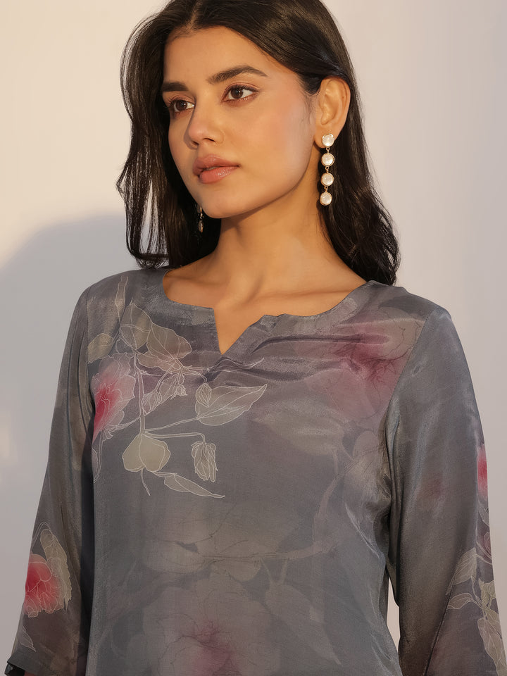 Grey Printed Silk Blend Straight Suit With Dupatta