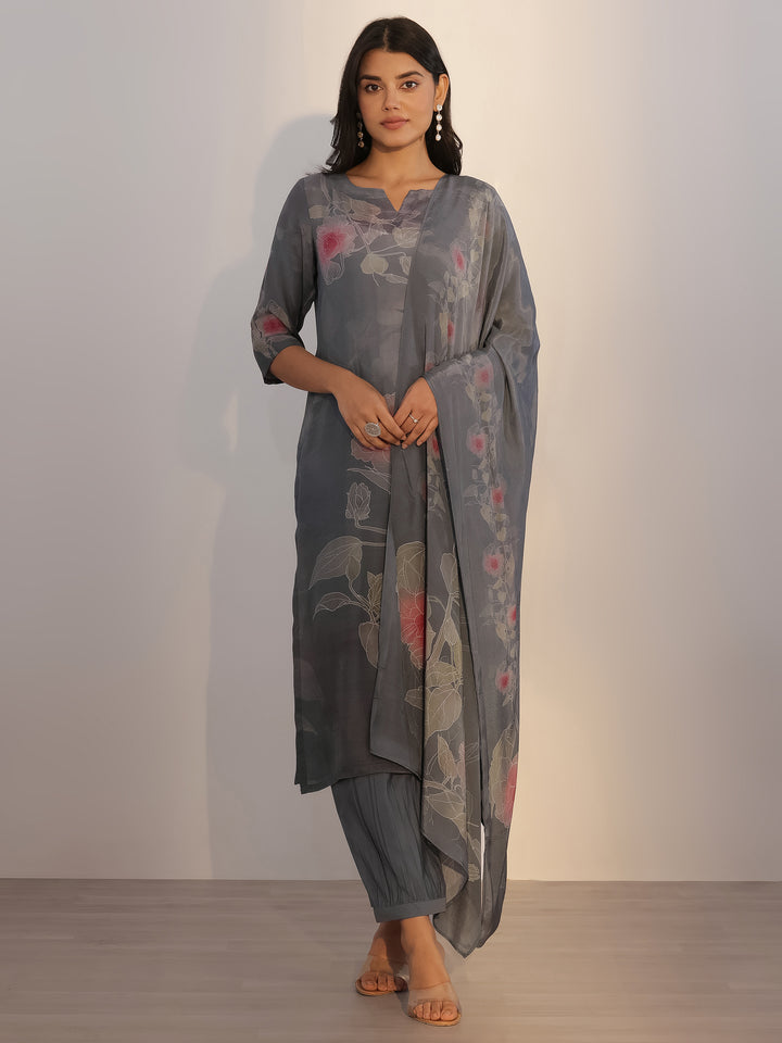 Grey Printed Silk Blend Straight Suit With Dupatta