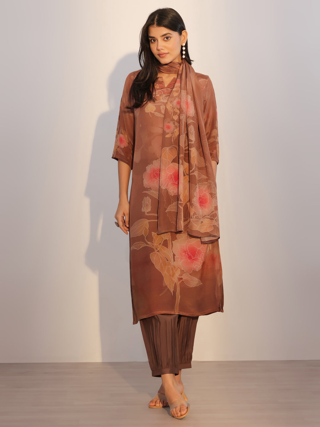 Brown Printed Silk Blend Straight Suit With Dupatta
